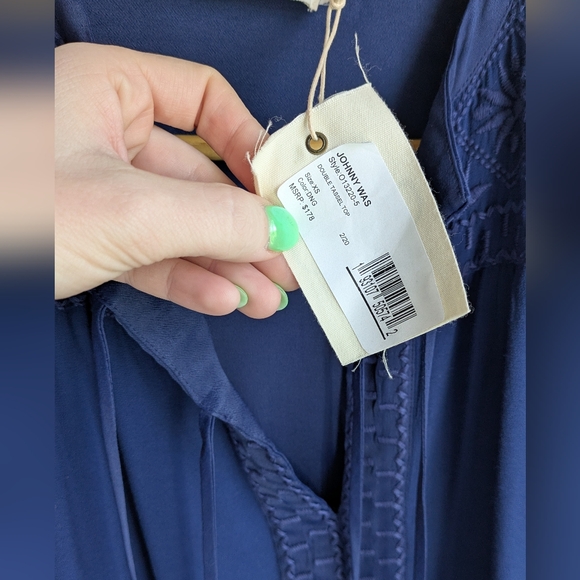 Johnny Was Calmé NWT Blue Knit Embroidered Top Double Tassel Front Size XS - Picture 4 of 8